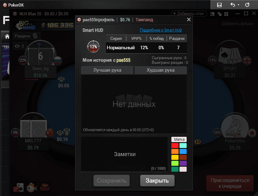 Как выглядит встроенный HUD на PokerOK