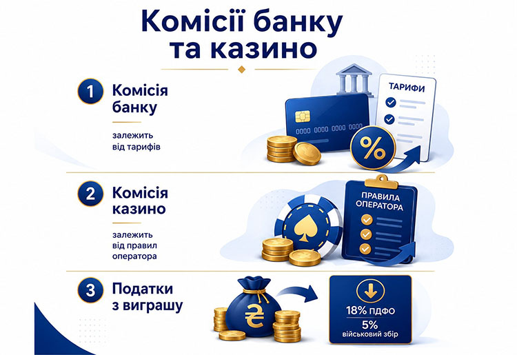 Комісії банку, казино та податки з виграшу.