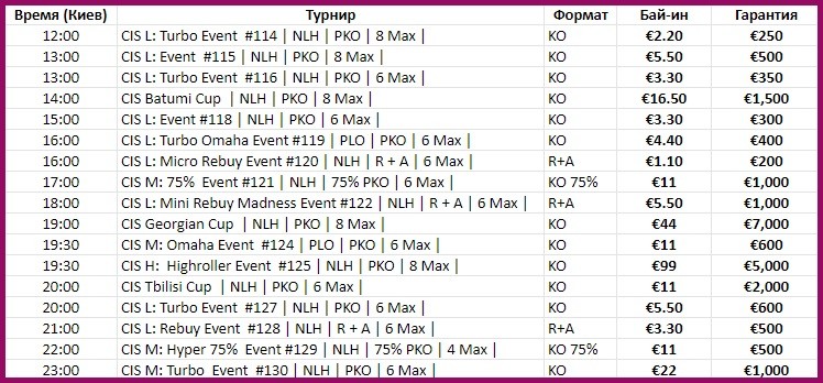 Расписание на субботу